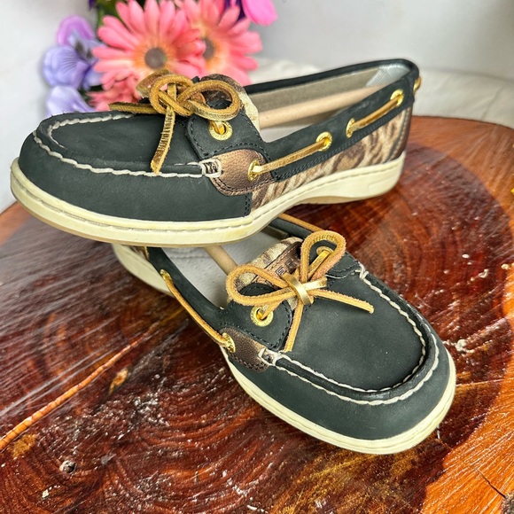 SPERRY Angelfish Black/Gold Boat Shoes SPERRY Women’s Shoes Cheetah Sperrys - Picture 5 of 8
